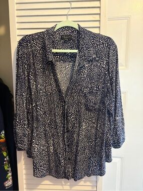 Grace Elements Navy and White Dot-Print Button Down Shirt
